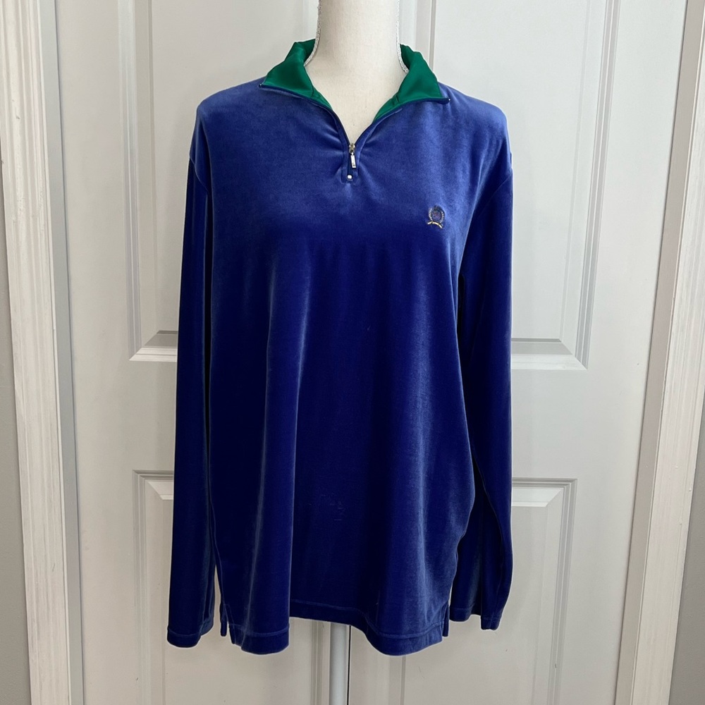 Tommy Hilfiger Women’s Vintage 90s Blue Velour Quarter Zip Pullover Top RARE